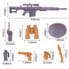 A set of mini dollhouse cleaning and medical accessories including a gray gun, a small purple tool, and various brown and gra