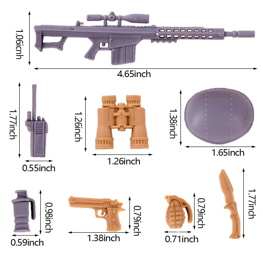 A set of mini dollhouse cleaning and medical accessories including a gray gun, a small purple tool, and various brown and gra