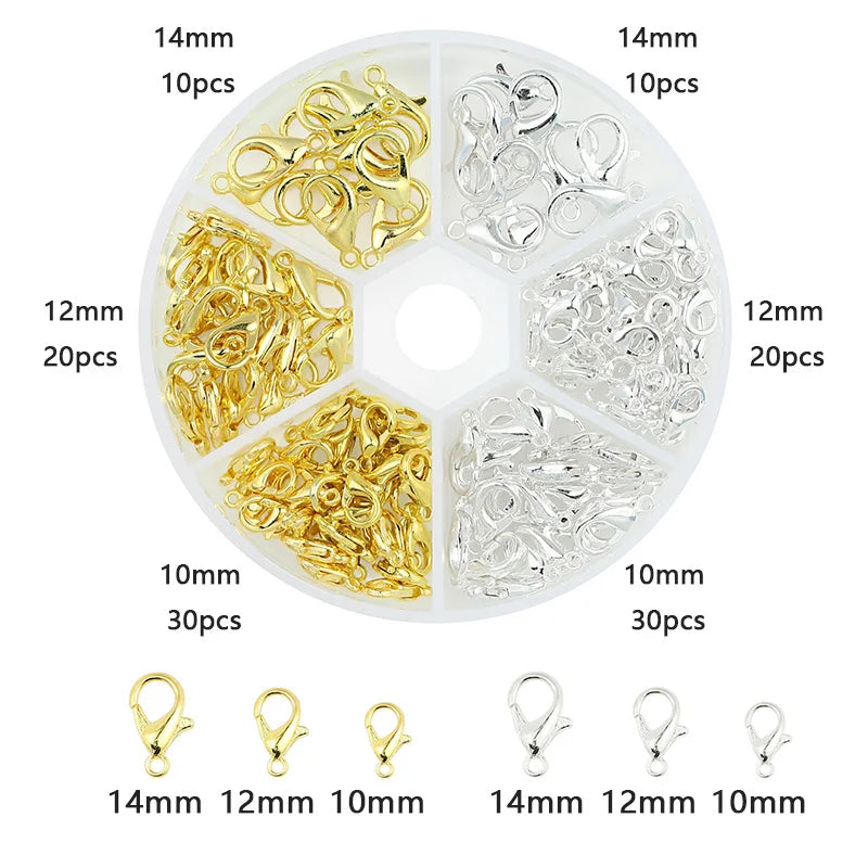 A circular plastic organizer case containing various gold and silver jewelry findings, including loops, jump rings, and other