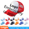A variety of trucker caps featuring custom embroidered or printed logos in different colors and designs.