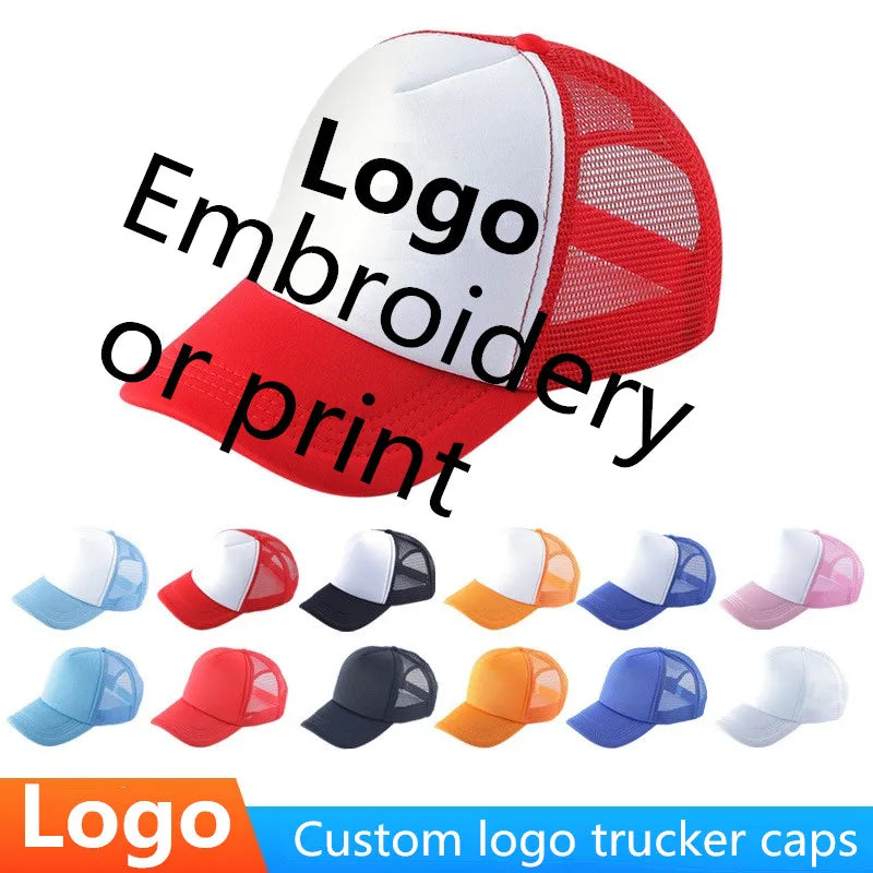 A variety of trucker caps featuring custom embroidered or printed logos in different colors and designs.
