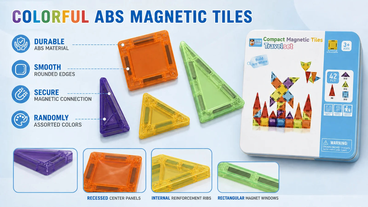 Colorful ABS magnetic tiles in various shapes and colors displayed alongside a compact travel set box.