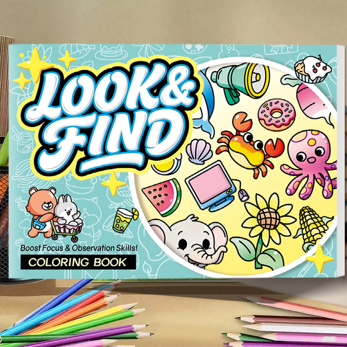 A colorful Look & Find coloring book featuring hidden objects and fun illustrations for kids.