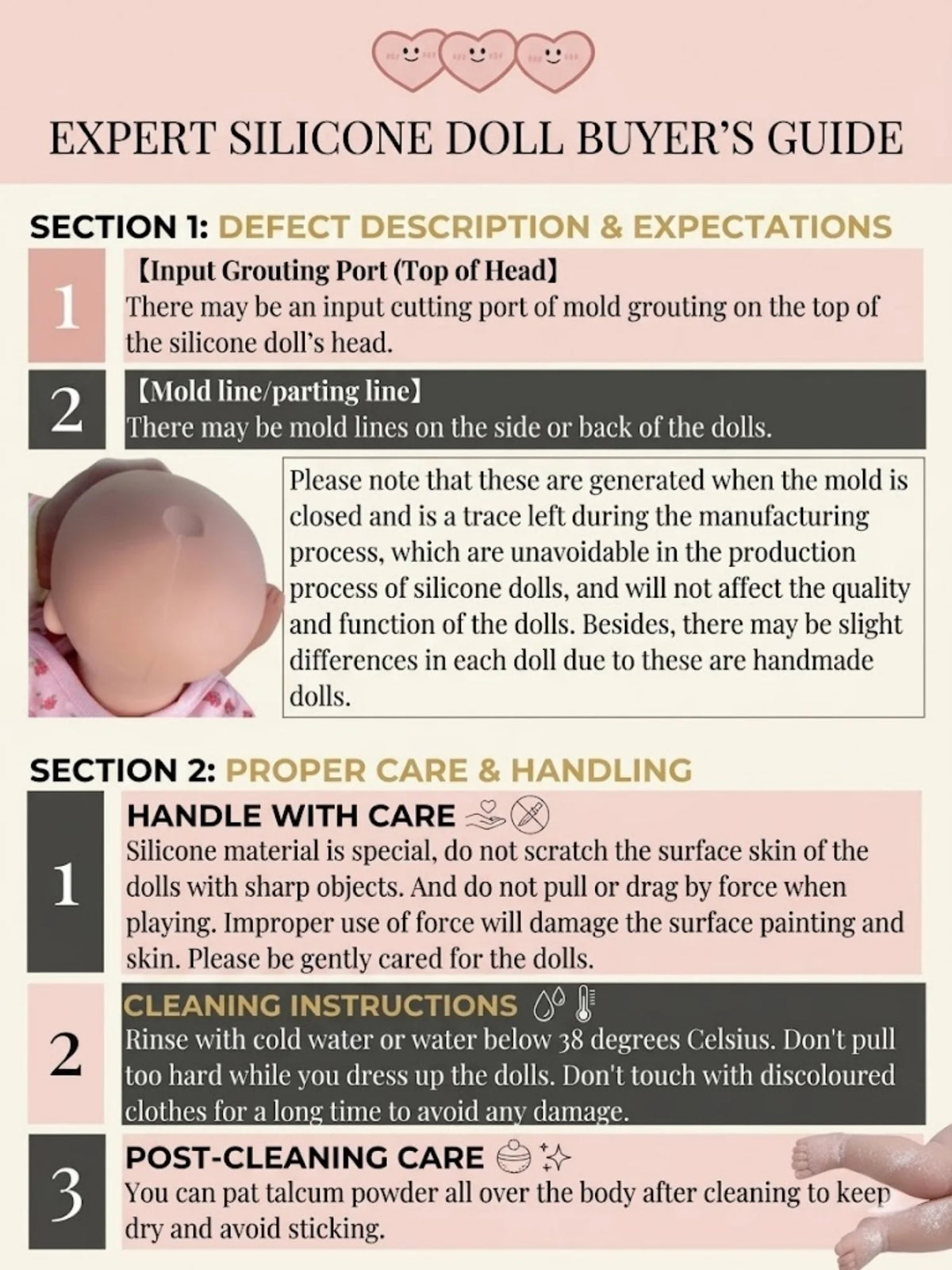 Guide for buying and caring for silicone dolls, showing sections on defects, care, and cleaning instructions.