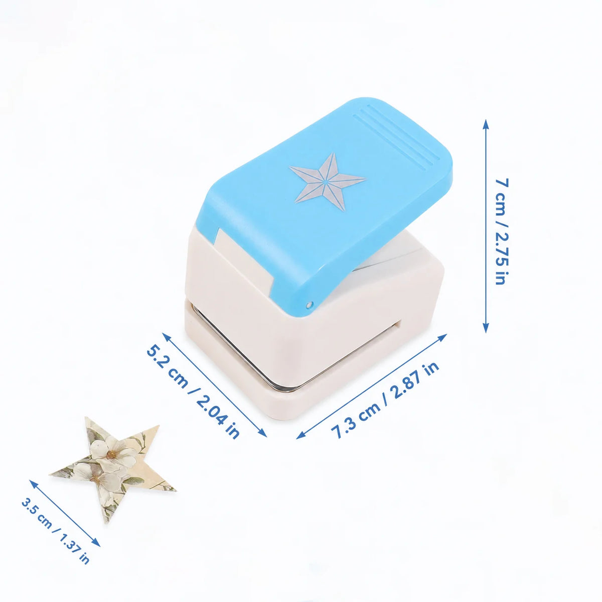 Light blue lever action embosser with a silver star design shown next to a floral star stamp.