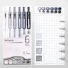 A pack of six Languo gel pens with 0.7mm tips shown alongside a grid for writing practice.