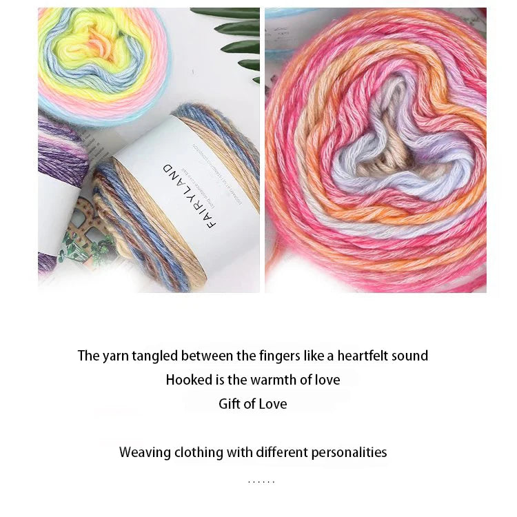 A close-up of colorful gradient rainbow yarn wound into a ball for knitting and crochet projects.