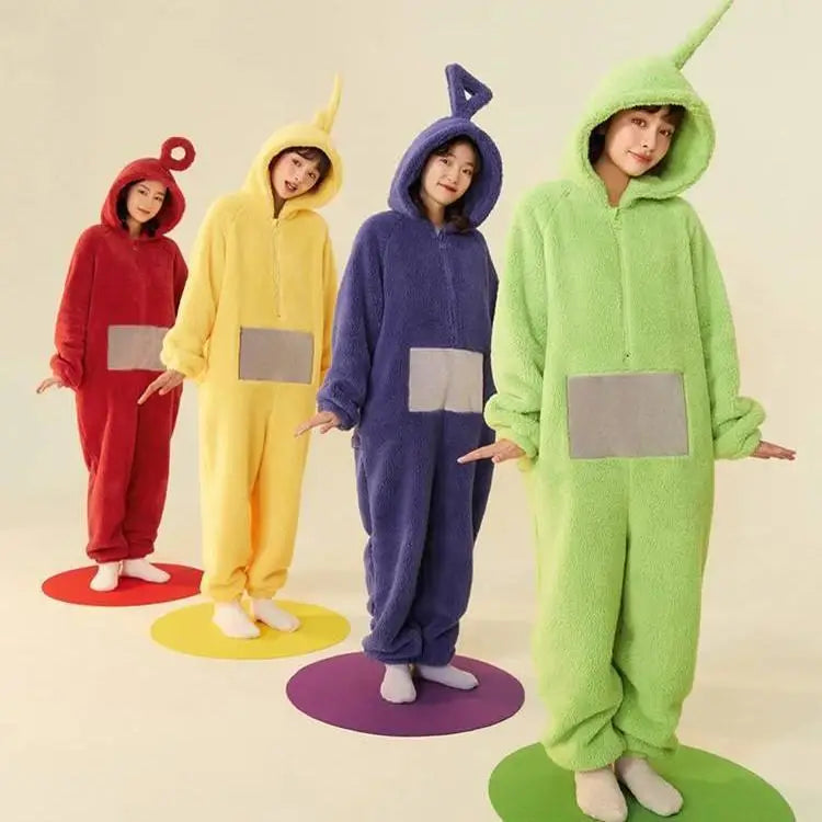 Four children dressed in Teletubbies-inspired one-piece pajamas with hoods and bright colors