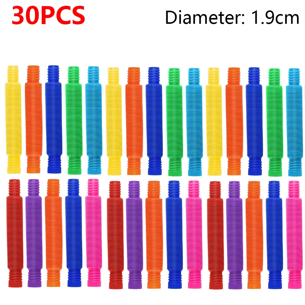 30 pieces of colorful telescopic pop tubes with a 1.9cm diameter for sensory play