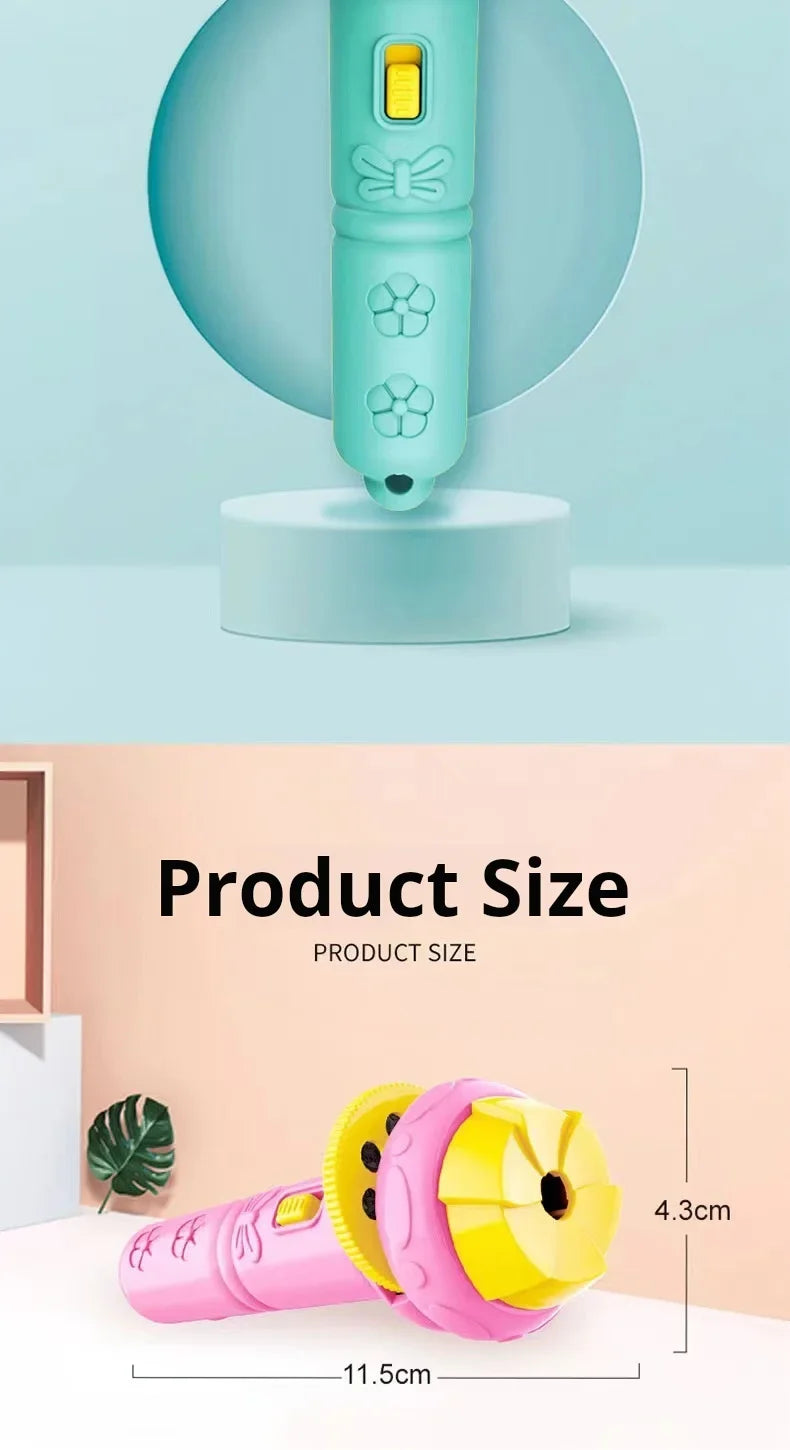 A pink and yellow kids' projection flashlight with 80 animal patterns is shown next to a measurement scale.