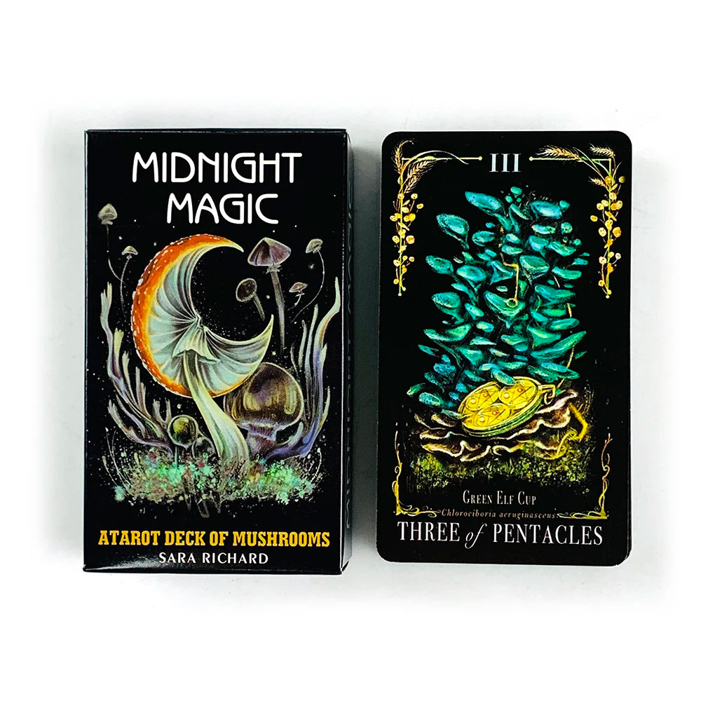 A black box featuring the Midnight Magic Tarot deck, showing the III card Three of Pentacles.