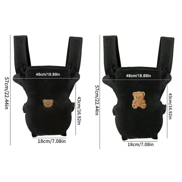 Black ergonomic multi-use baby carrier with a teddy bear design shown from the back.