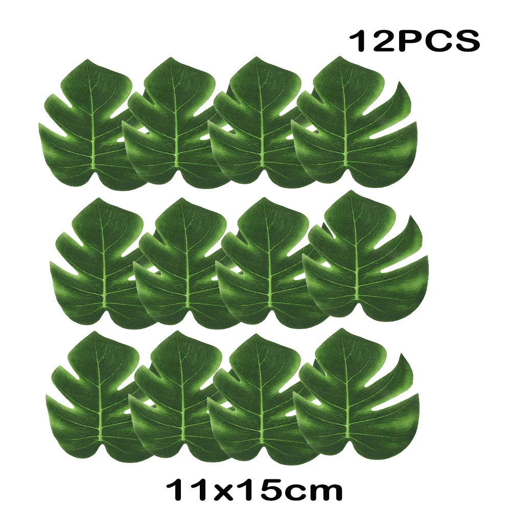 Twelve artificial tropical palm leaves measuring 11x15 cm for party decor