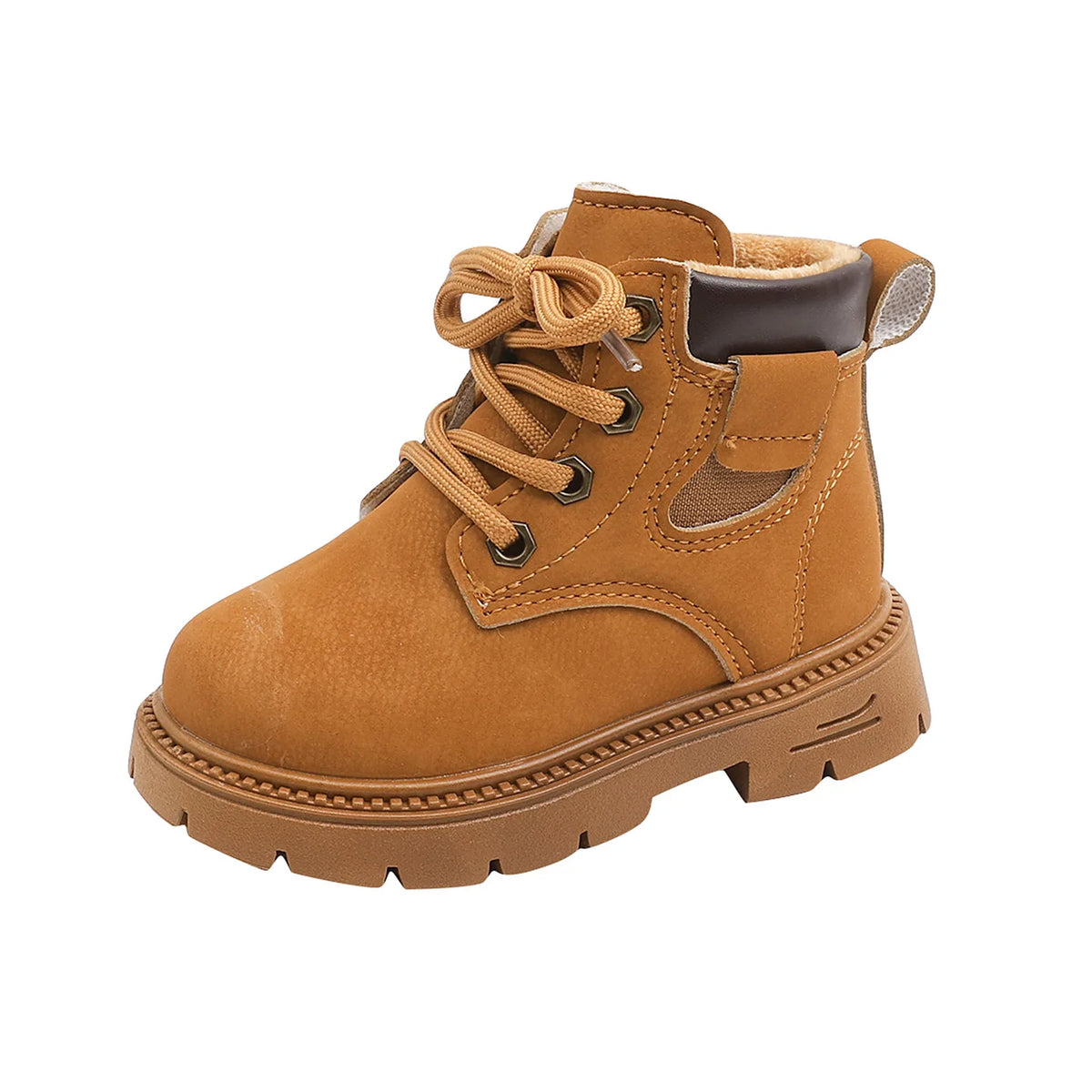 A pair of tan kids' winter leather boots with laces and a side zipper.