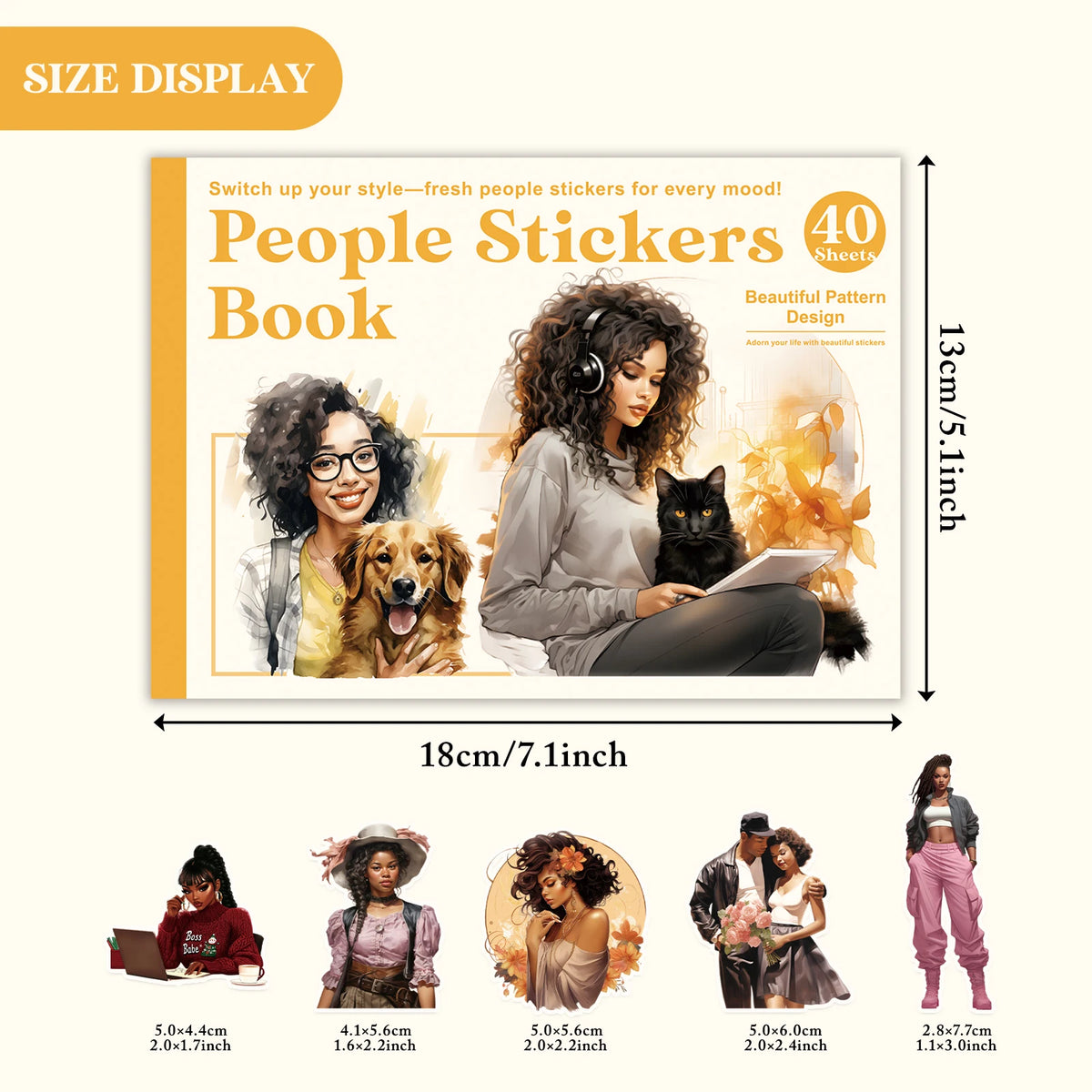 A display showing various sizes of People Stickers Book sheets, including 5.0x4.4cm and 5.0x6.0cm options.