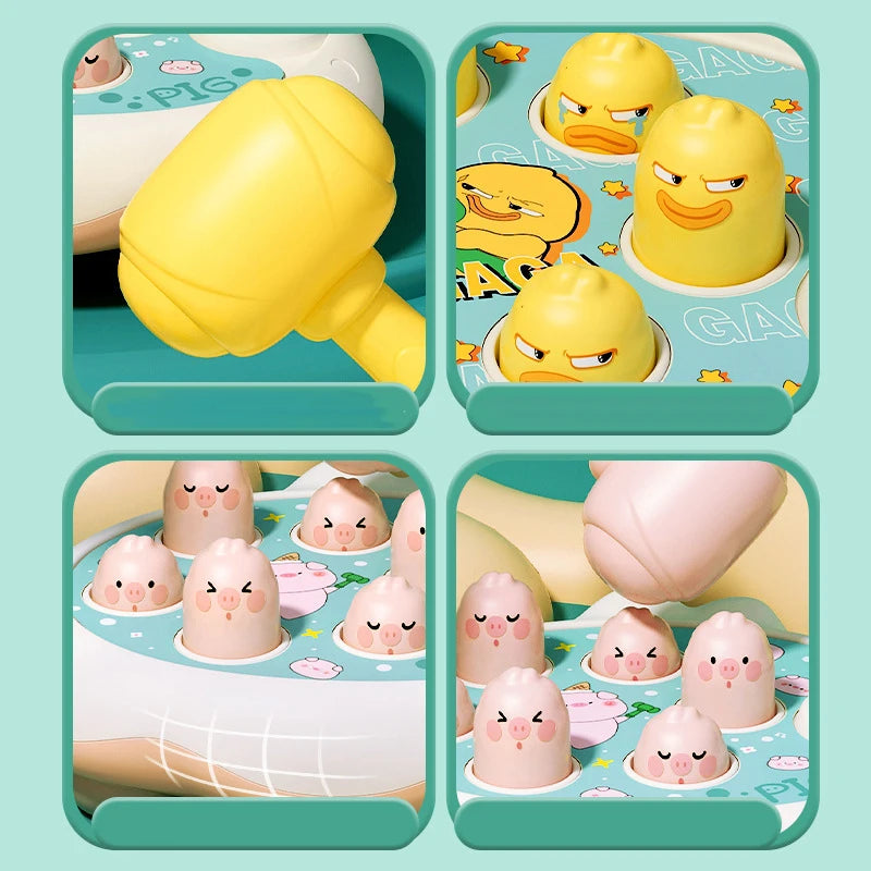 A set of yellow and pink Montessori animal hammer toys for toddlers, featuring pig and other animals.