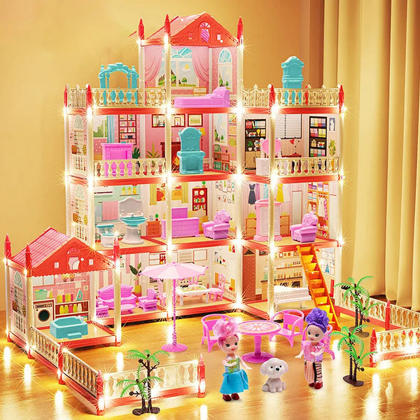 A large, multi-story miniature castle and villa playset featuring pink and orange accents with lighted features.