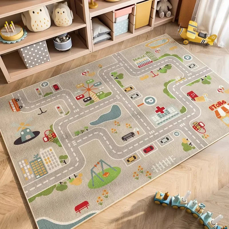 Cartoon City Traffic Play Mat for Kids – Soft & Anti-Slip Decorative Floor Rug