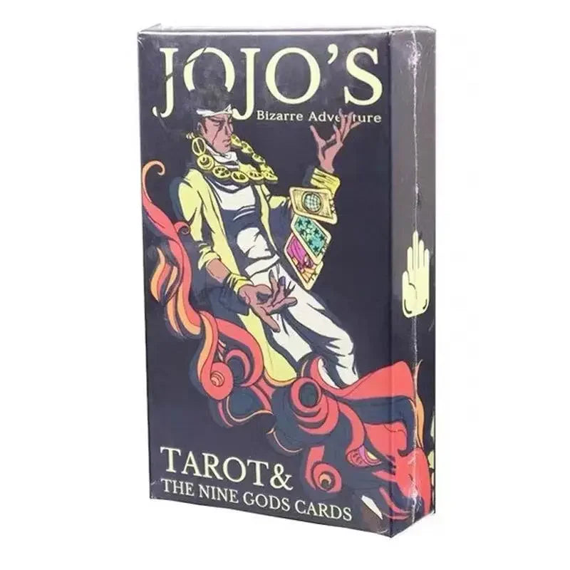 A box of JoJo's Tarot & The Nine Gods Cards deck featuring a stylized illustration of a character.