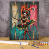 A painting of a clown character in colorful attire and a striped hat, displayed on a canvas.