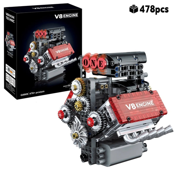 طقم تجميع نموذج لمحرك V8 مع محرك كهربائي وأجزاء ميكانيكية متنوعة.