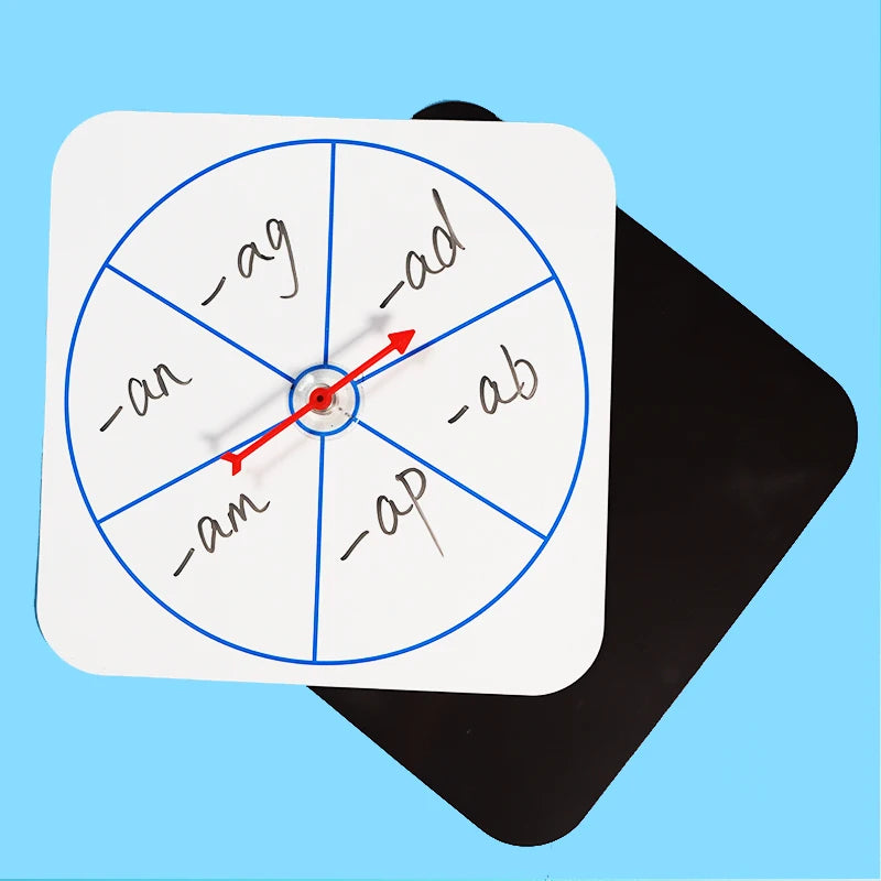 A white magnetic teaching board with a blue spinner showing various phonetic sounds like -ag, -ad, -an, -am, and -ap.