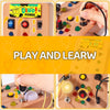 A close-up of a wooden Montessori busy board with colorful buttons and switches, showing hands interacting with the education