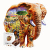 A wooden jigsaw puzzle depicting an elephant with various animals and scenery.