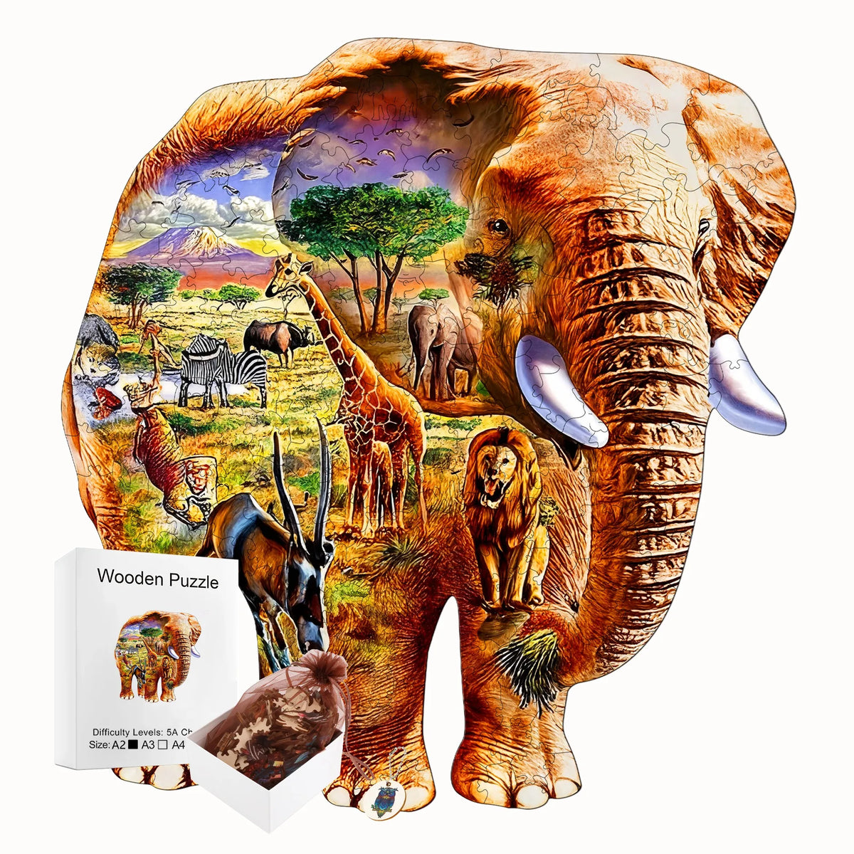 A wooden jigsaw puzzle depicting an elephant with various animals and scenery.