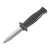 A knife with a black textured handle and silver blade.