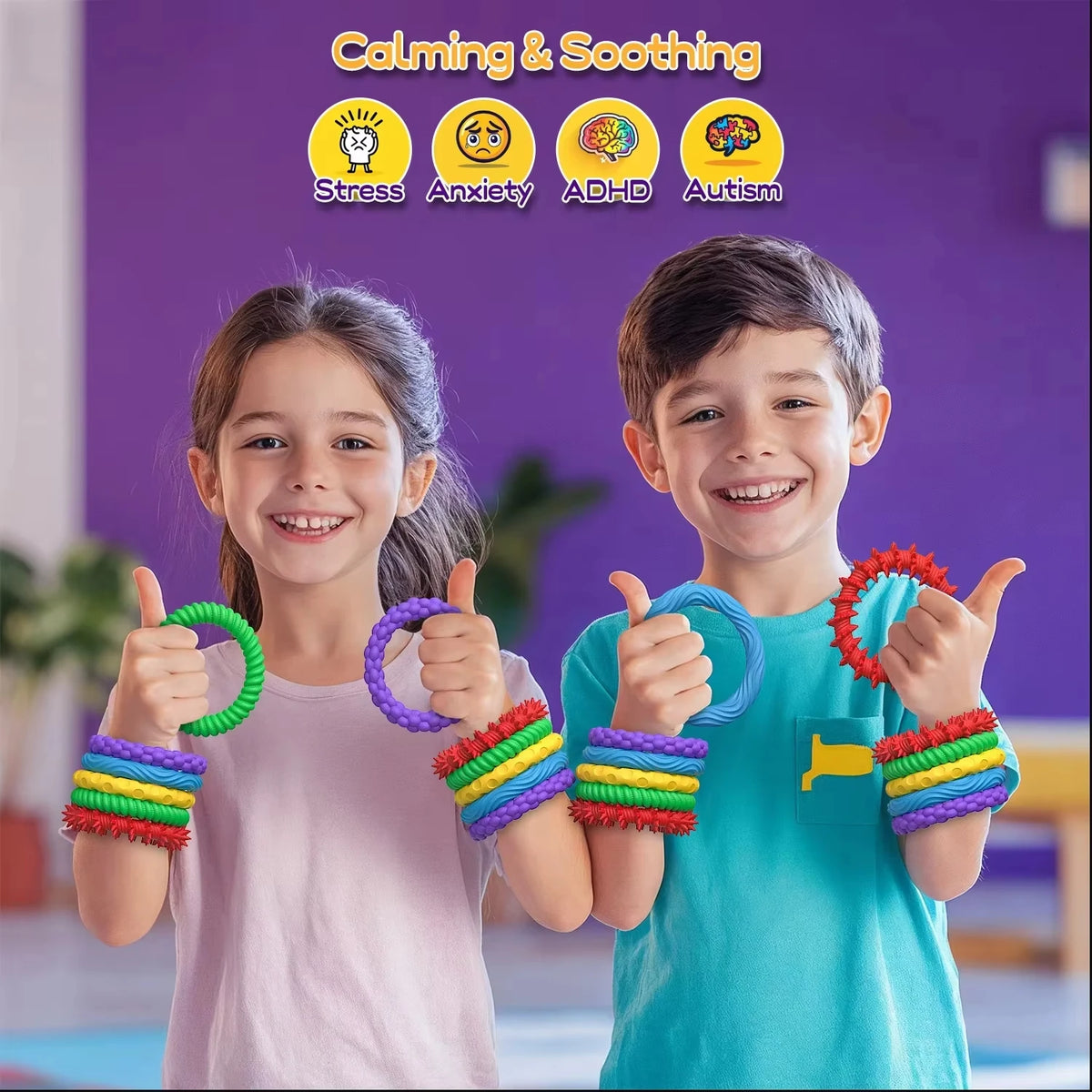 Two children holding colorful sensory fidget bracelets for calming and soothing relief