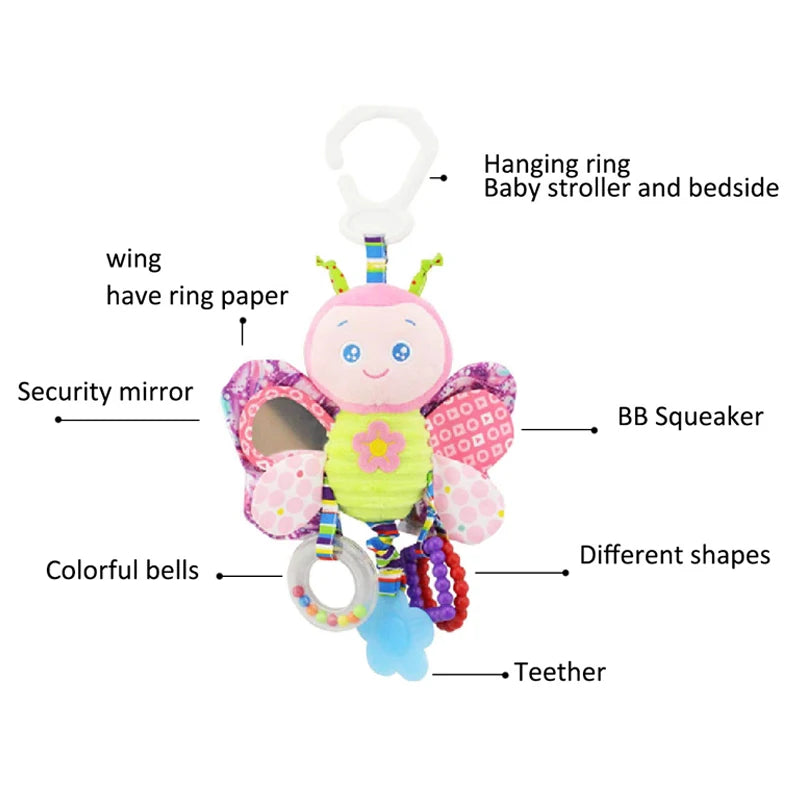 Soft Hanging Baby Rattle with Sensory Cartoon Plush Toy for Stroller and Crib