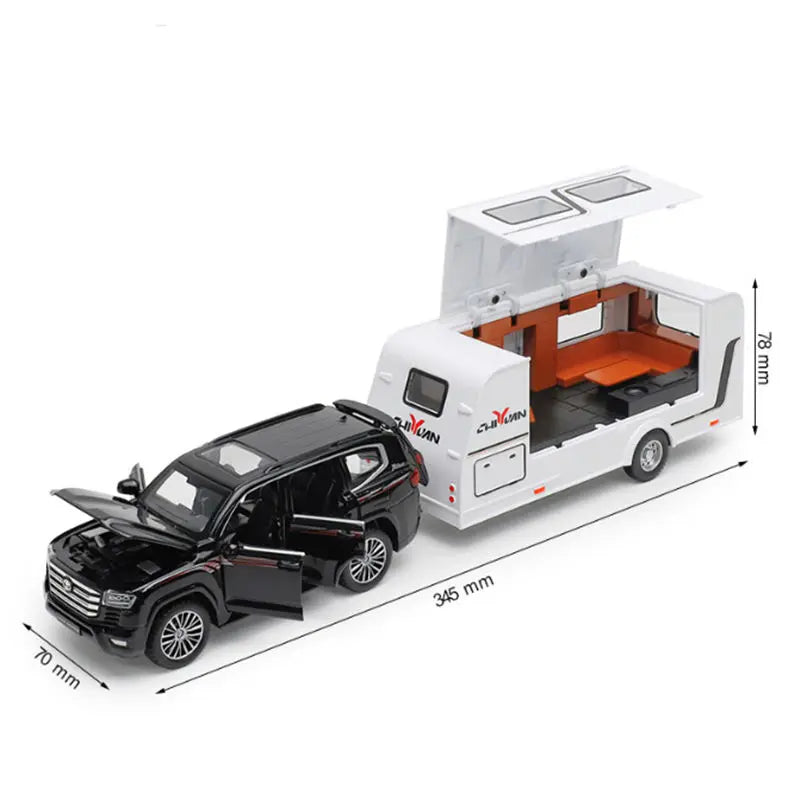 A black diecast metal RV camper truck model with an open storage compartment and sound/light features.
