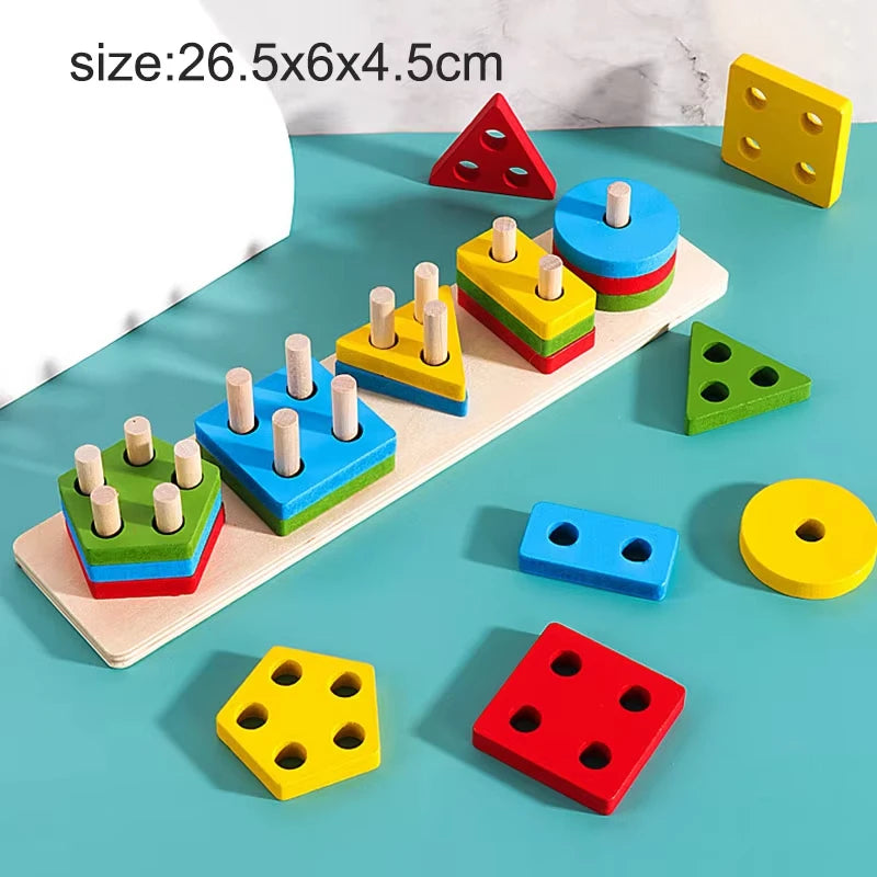 A collection of wooden geometric shapes and colored blocks used as a Montessori puzzle and sorter for toddlers.