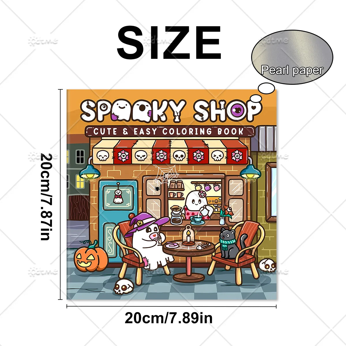 A coloring book cover featuring a spooky shop facade with Halloween themes and an illustration of a white ghost.