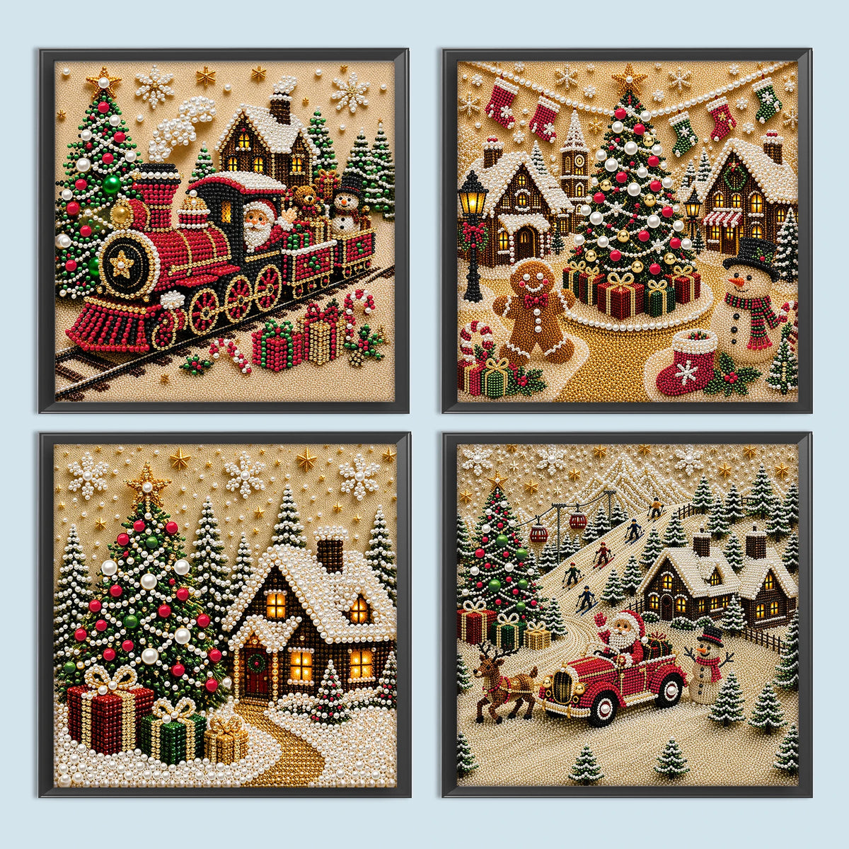 Christmas pearl diamond painting kit featuring festive scenes of trains, houses, and decorated Christmas trees.