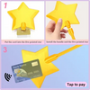 A yellow five-pointed star shaped credit card holder with a handle and a bank card.