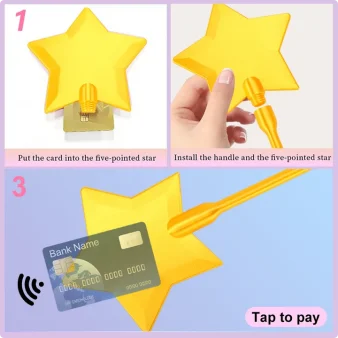 A yellow five-pointed star shaped credit card holder with a handle and a bank card.