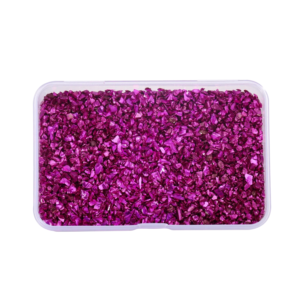 A clear plastic container filled with crushed purple glass stones for resin and craft projects