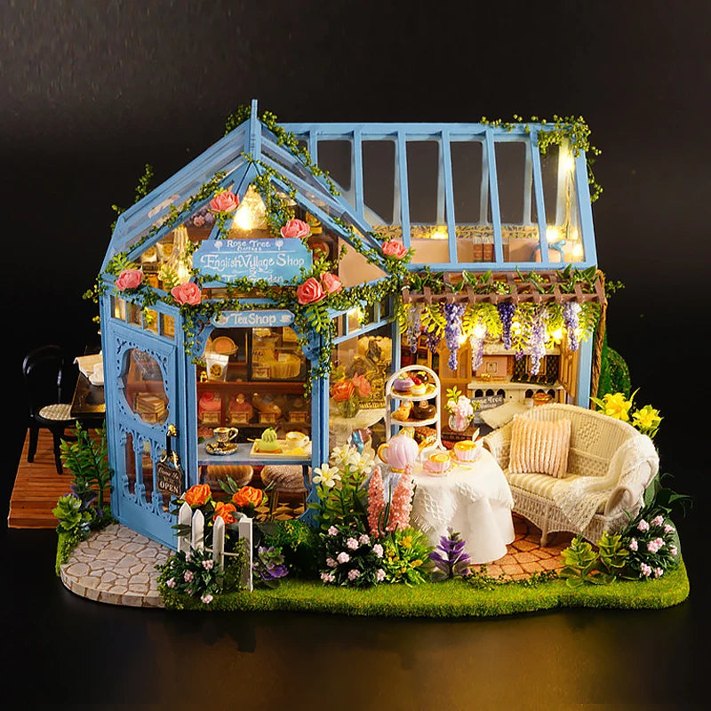 Wooden Dollhouse Kit with Furniture and Lighting