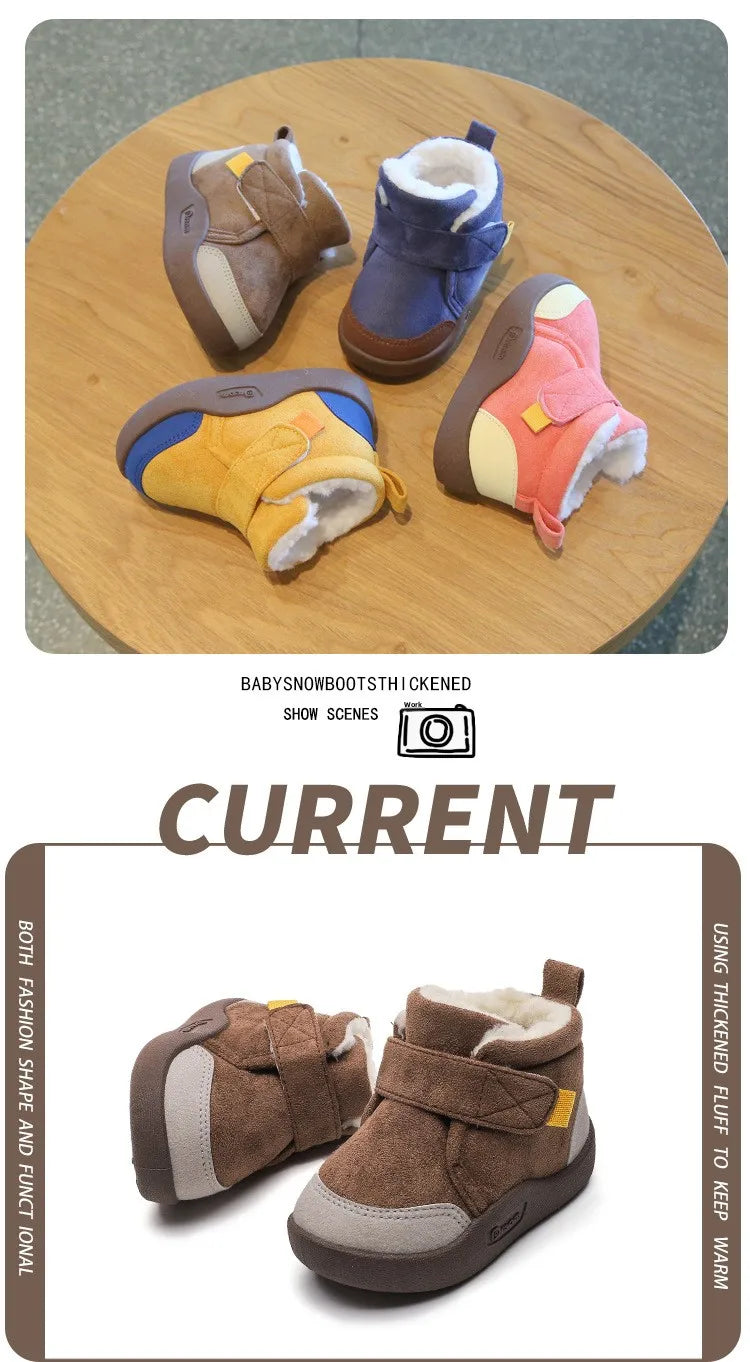 A collection of baby snow boots in various colors and styles, including suede and fabric options.