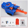 Blue and orange electric auto-retractable wrist-mounted web shooter for cosplay with suction cups and charging cable