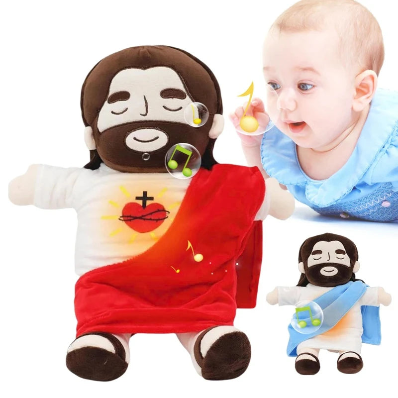 A plush doll set featuring Jesus and Virgin Mary figures with beard and halo, dressed in white and red robes.