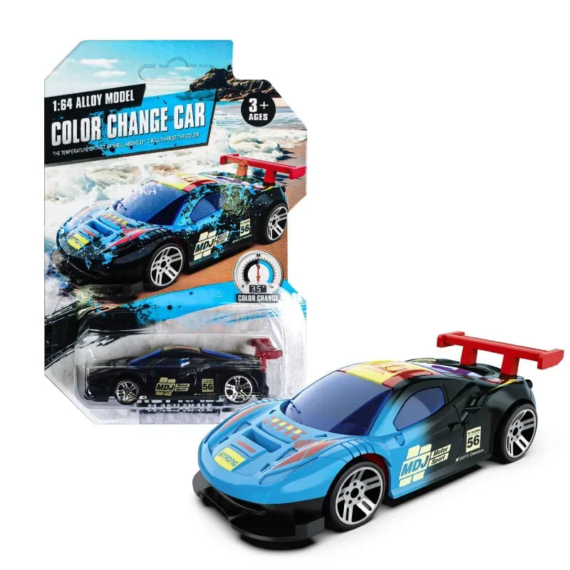 A blue and black pull-back racing car model with a red spoiler, packaged for children.