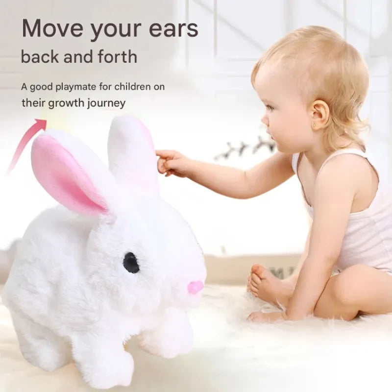 A baby is interacting with a white plush rabbit toy designed to move back and forth for children's growth journey.