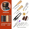 Leather sewing kit showing storage bag, waxed thread rolls, and various sewing needles.