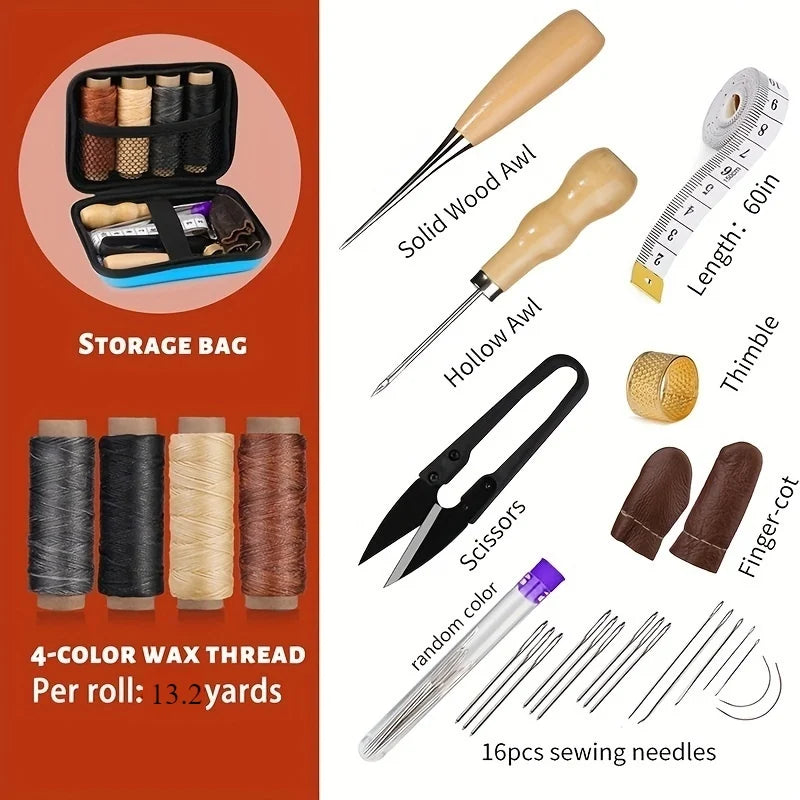 Leather sewing kit showing storage bag, waxed thread rolls, and various sewing needles