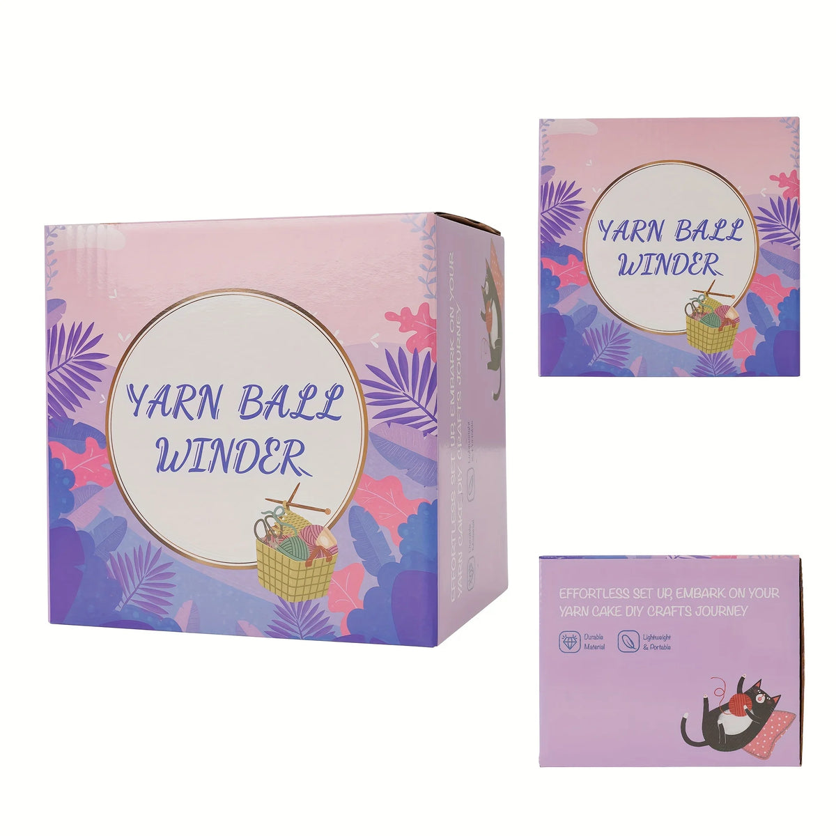 A pink box set featuring a yarn ball winder with a woven basket design and a cat illustration.
