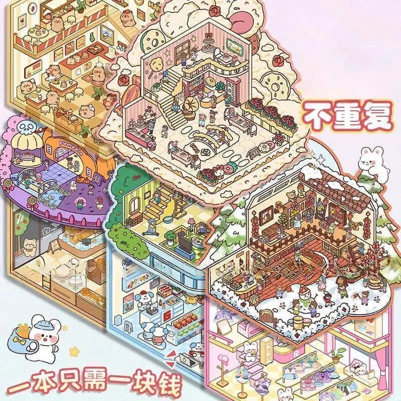 A collection of detailed miniature 3D house scenes and architectural layouts designed for journaling and scrapbooking.