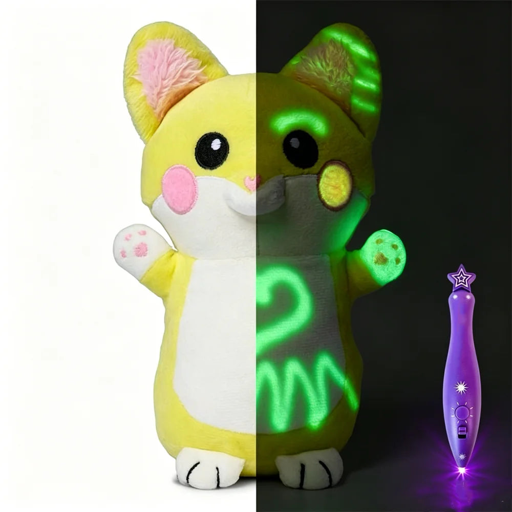 A split image of a yellow and green plush doll, showing a white section on the left and a glowing green section on the right.